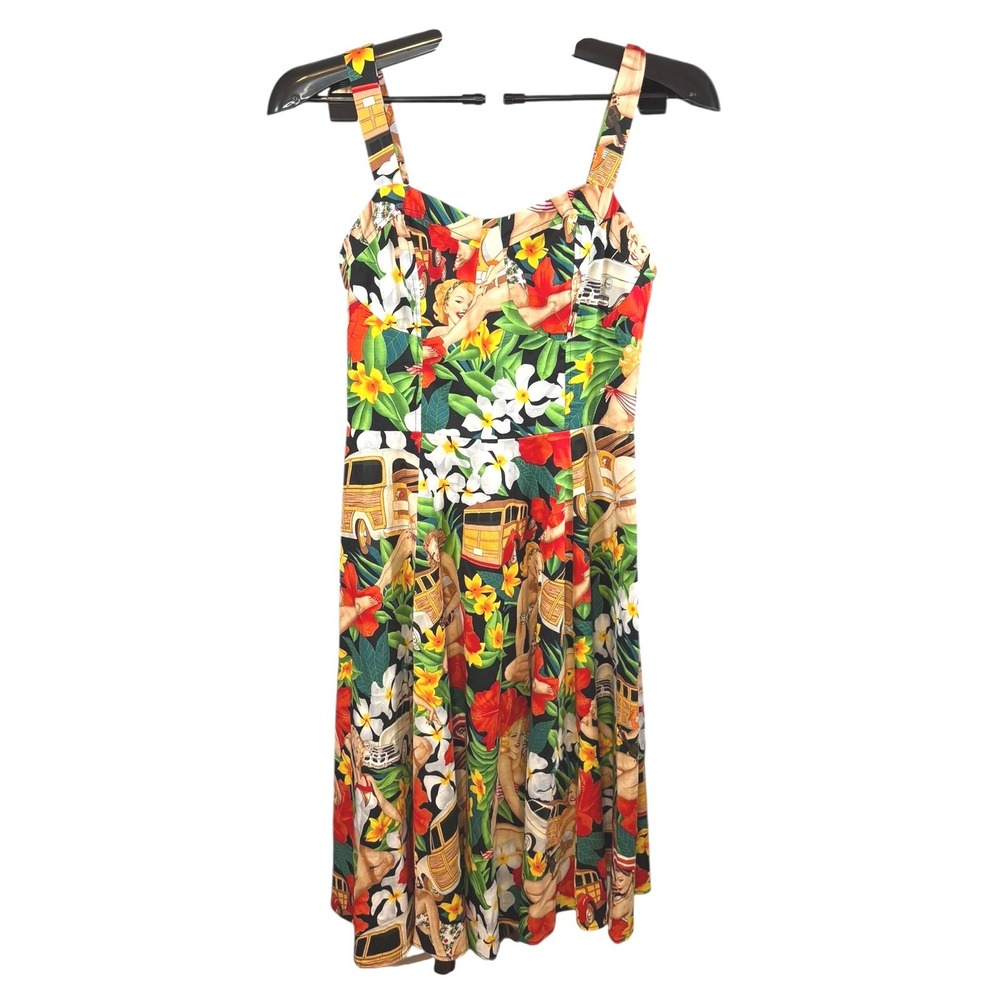 Retro Pinup Girl Tropical Tiki Hawaiian Print Smocked Back Sundress Multicolor